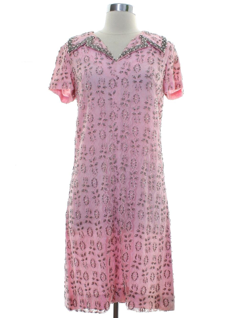 Vintage 70s Andora Hong Kong Pink Beaded Lace Sheath Dress Size 12